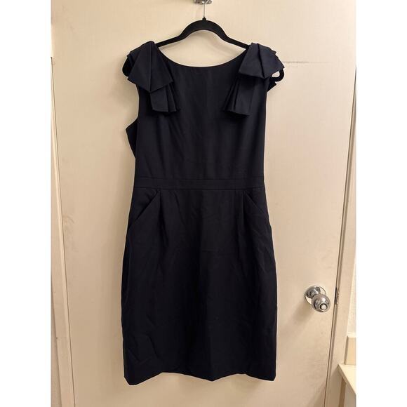 J.Crew 100% Wool Origami Bow Shoulder V Neck Pocket Sheath Dress Navy 10 - Picture 1 of 8
